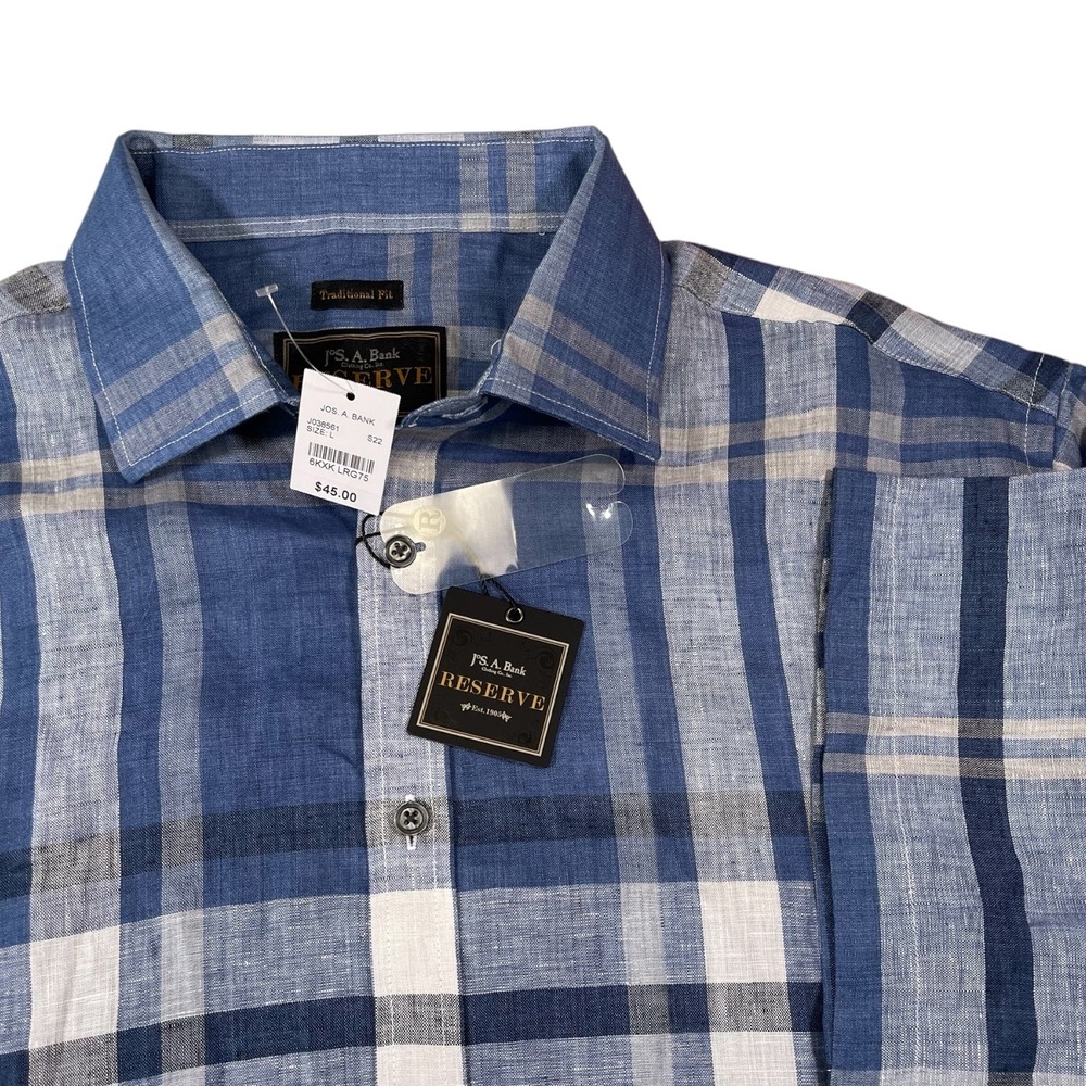 Jos. A. Bank L Blue Plaid Button Up Shirt Reserve Traditional Fit Linen Coastal